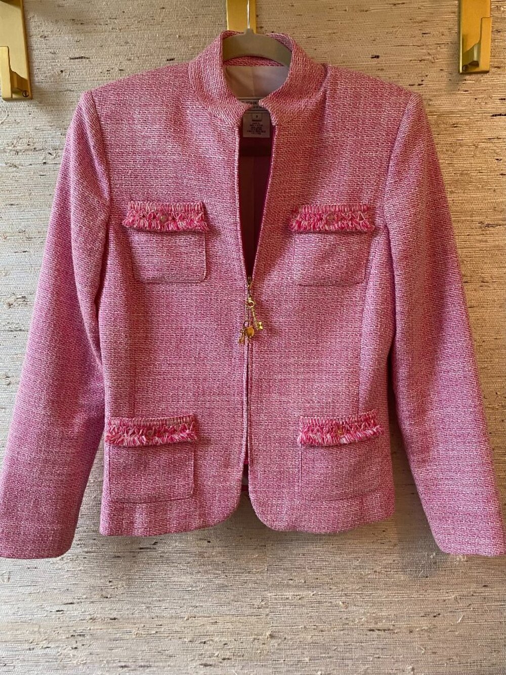 St. John Sport Pink/White zip front jacket tweed jacket Size P = XS